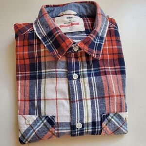 Flannel long sleeve checkered plaid orange navy button up shirt